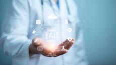 Doctor holding CGI AI icons Doctor holding CGI AI icons