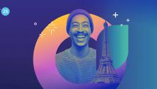 Smiling person and Eiffel Tower with HIMSS25 EU logo