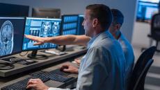 Healthcare workers looking at X-ray on computer monitor Healthcare workers looking at X-ray on computer monitor