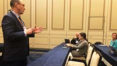 Tom Leary, senior vice president and head of Government Relations at HIMSS, talks to reporters during HIMSS25.